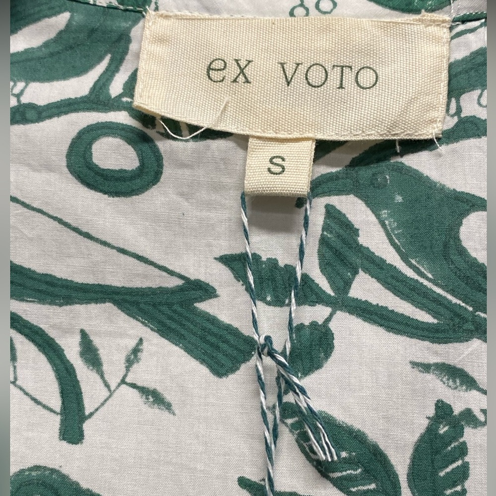 Ex Voto Bird Print Boho Cotton Midi Dress Green White Vacation Cottagecore NWT - Picture 6 of 8